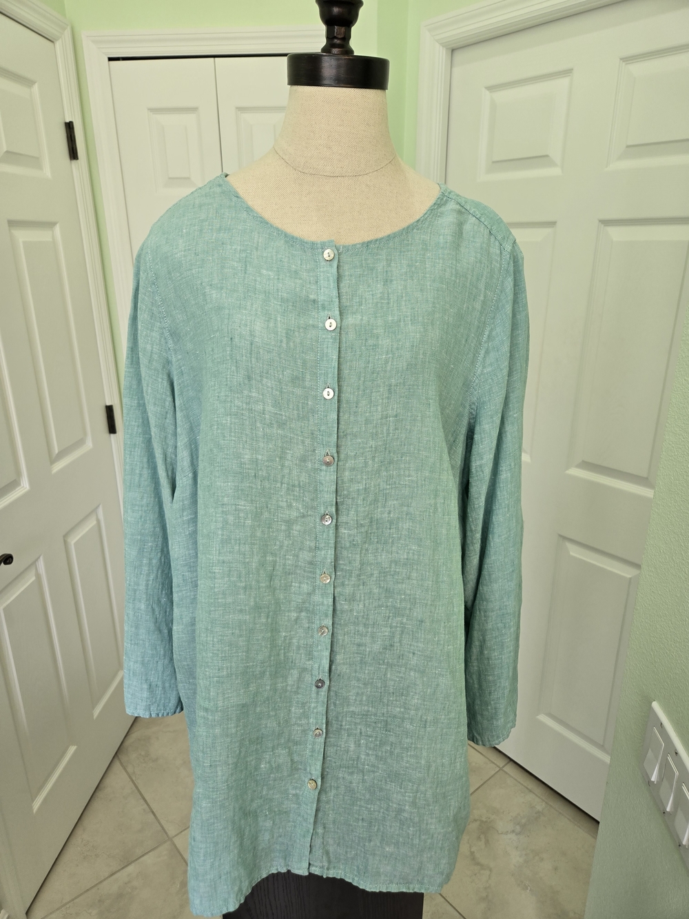 Tahari Seafoam Green Button-Front 100% Linen Tunic Resort Coastal Beach 1X